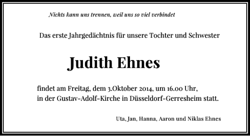  Traueranzeige für Judith Ehnes vom 12.10.2013 aus Rheinische Post