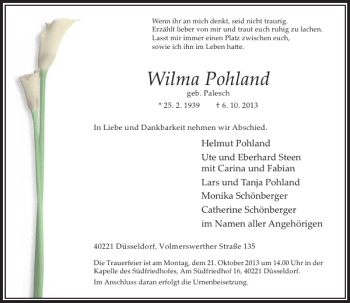 Traueranzeige von Wilma Pohland von Rheinische Post