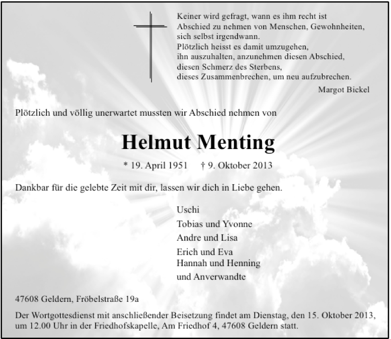  Traueranzeige für Helmut Menting vom 12.10.2013 aus Rheinische Post