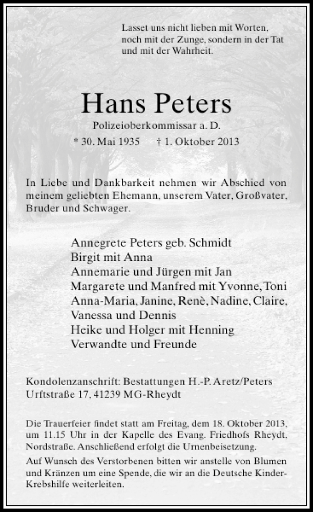 Alle Traueranzeigen für Hans Peters