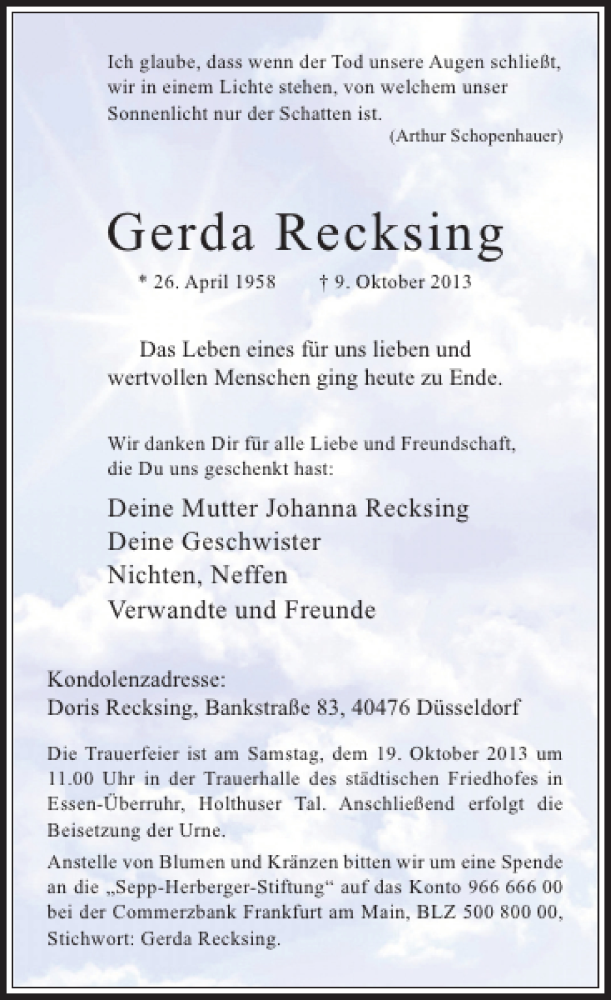  Traueranzeige für Gerda Recksing vom 16.10.2013 aus Rheinische Post