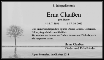 Traueranzeige von Erna Claaßen von Rheinische Post
