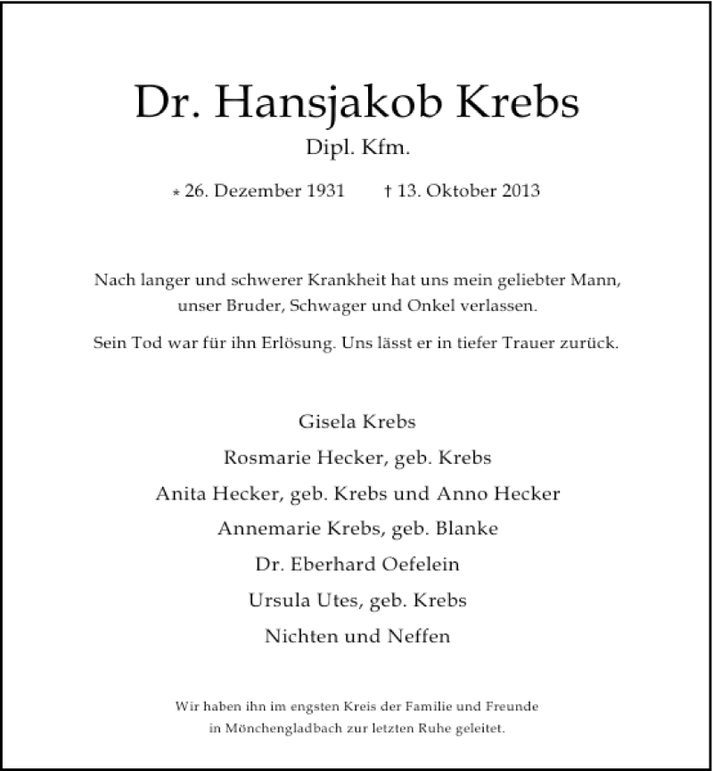  Traueranzeige für Dr. Hansjakob Krebs vom 22.10.2013 aus Rheinische Post