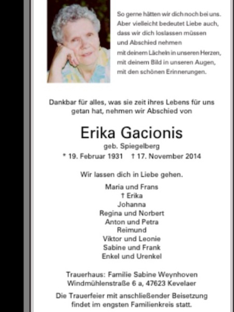  Traueranzeige für Erika Gacionis vom 23.10.2013 aus Rheinische Post