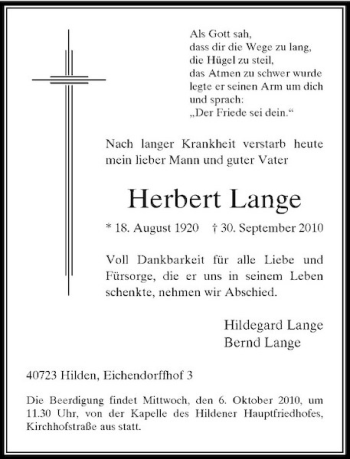 Traueranzeige von Herbert Lange von Rheinische Post