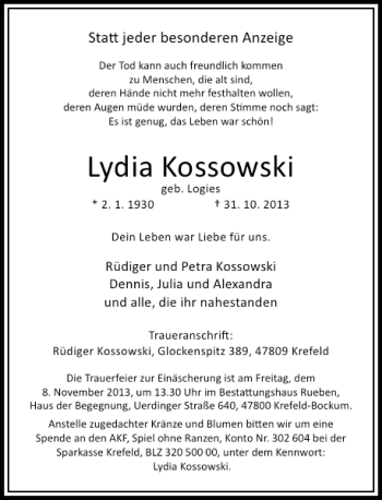 Traueranzeige von Lydia Kossowski von Rheinische Post