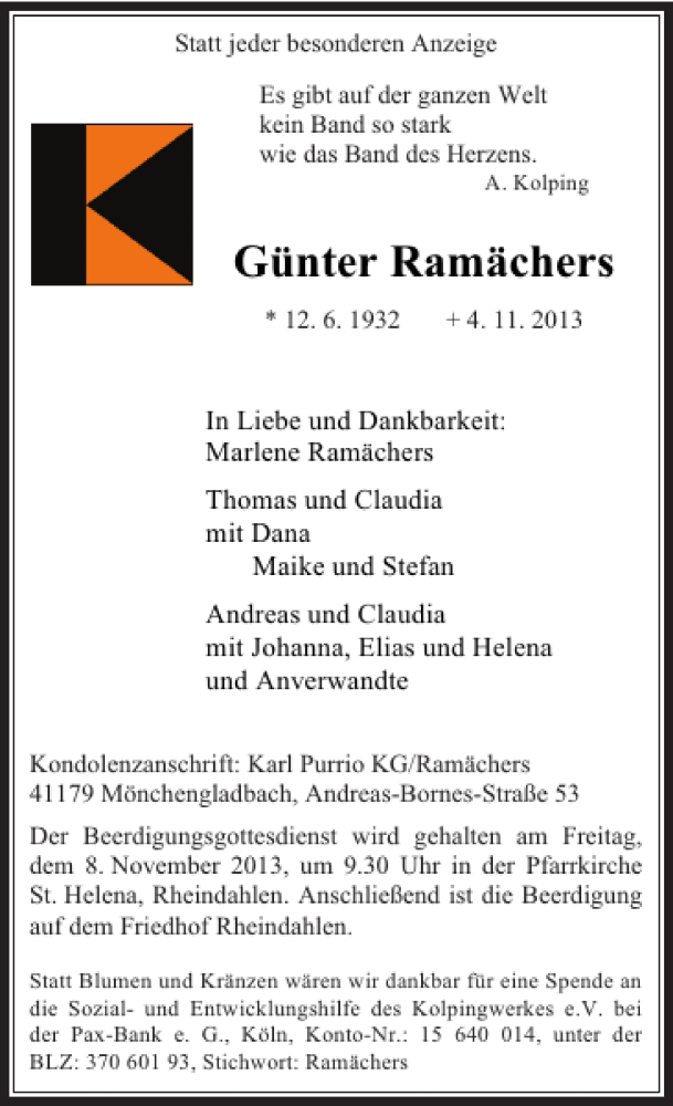 Traueranzeige für Günter Ramächers vom 06.11.2013 aus Rheinische Post