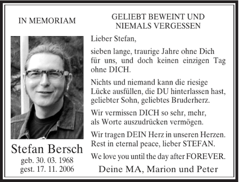  Traueranzeige für Stefan Bersch vom 16.11.2013 aus Rheinische Post