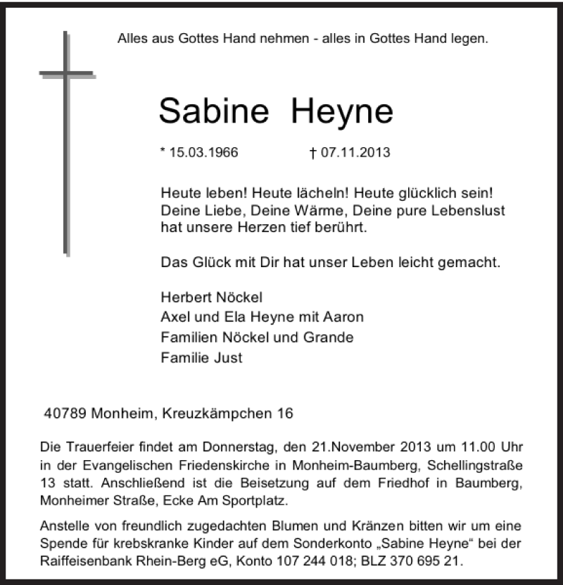  Traueranzeige für Sabine Heyne vom 16.11.2013 aus Rheinische Post