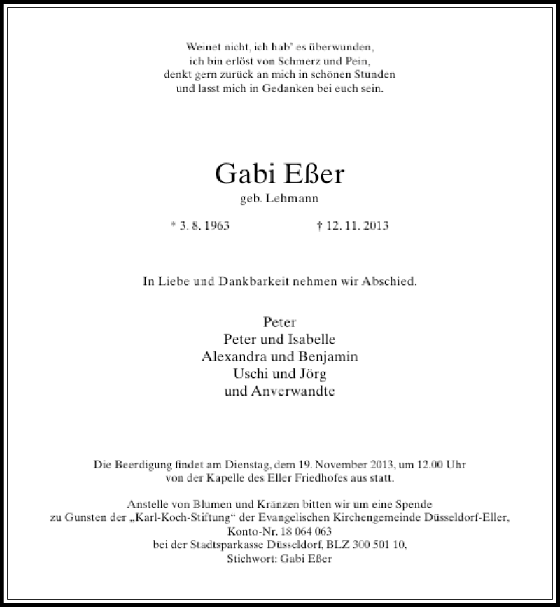  Traueranzeige für Gabi Eßer vom 16.11.2013 aus Rheinische Post