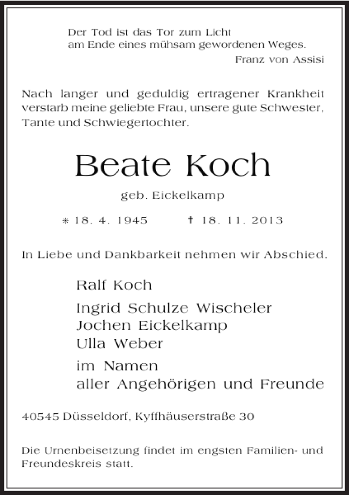  Traueranzeige für Beate Koch vom 23.11.2013 aus Rheinische Post
