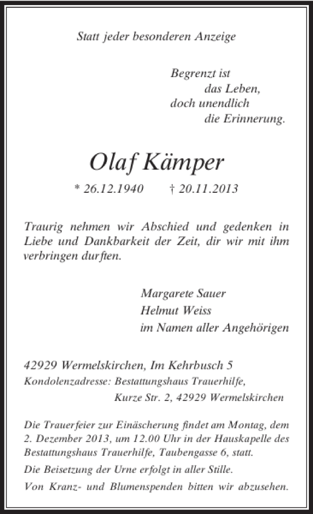  Traueranzeige für Olaf Kämper vom 28.11.2013 aus Rheinische Post