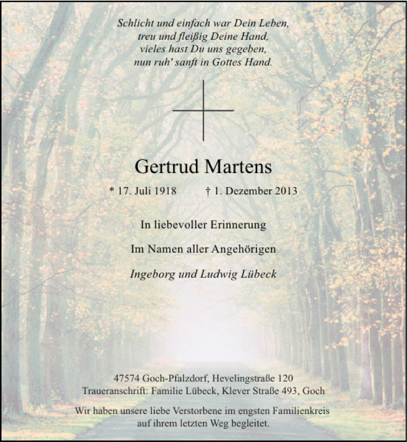  Traueranzeige für Gertrud Martens vom 11.12.2013 aus Rheinische Post