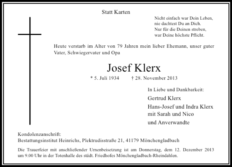  Traueranzeige für Josef Klerx vom 07.12.2013 aus Rheinische Post