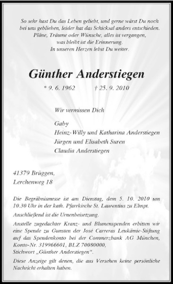 Traueranzeige von Günther Anderstiegen von Rheinische Post