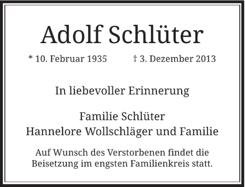  Traueranzeige für Adolf Schlüter vom 11.12.2013 aus Rheinische Post