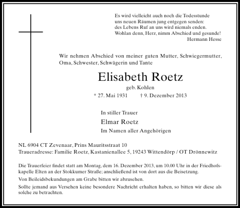 Alle Traueranzeigen für Elisabeth Roetz | trauer.rp-online.de