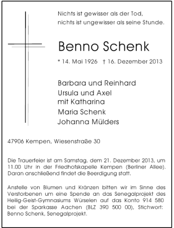 Traueranzeige von Benno Schenk von Rheinische Post