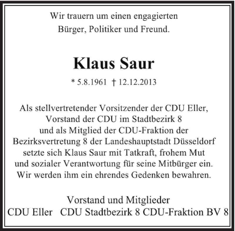  Traueranzeige für Klaus Saur vom 18.12.2013 aus Rheinische Post