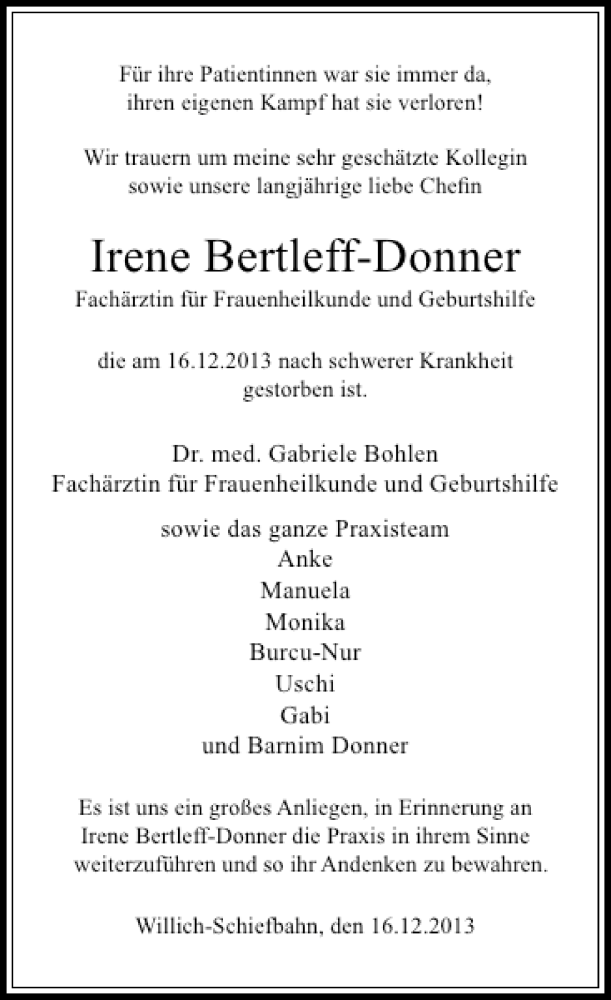  Traueranzeige für Bertleff-Donner Irene vom 21.12.2013 aus Rheinische Post