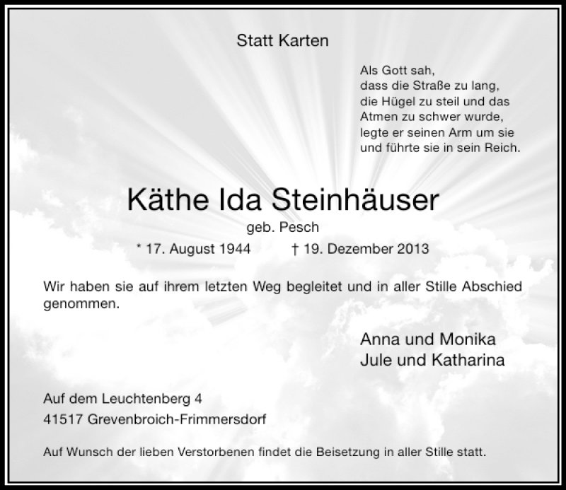  Traueranzeige für Käthe Ida Steinhäuser vom 21.12.2013 aus Rheinische Post