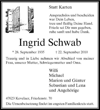 Traueranzeige von Ingrid Schwab von Rheinische Post
