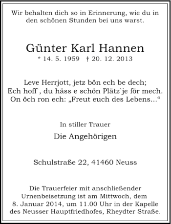 Traueranzeige von Günter Hannen Karl von Rheinische Post