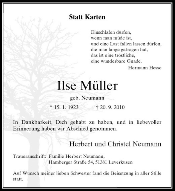 Traueranzeige von Ilse Müller von Rheinische Post