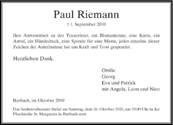 Traueranzeige von Paul Riemann von Rheinische Post
