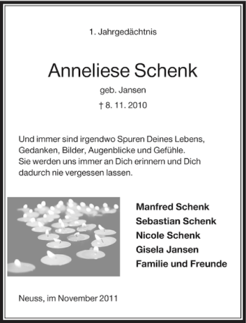 Traueranzeige von Schenk Anneliese von Rheinische Post