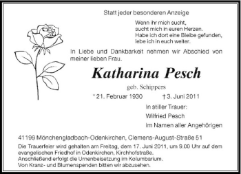 Traueranzeige von Katharina Pesch von Rheinische Post
