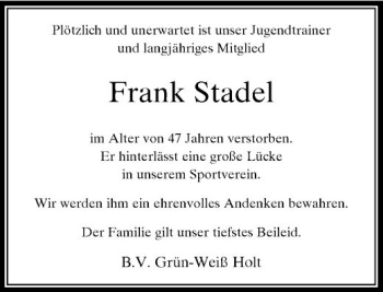 Traueranzeige von Frank Stadel von Rheinische Post