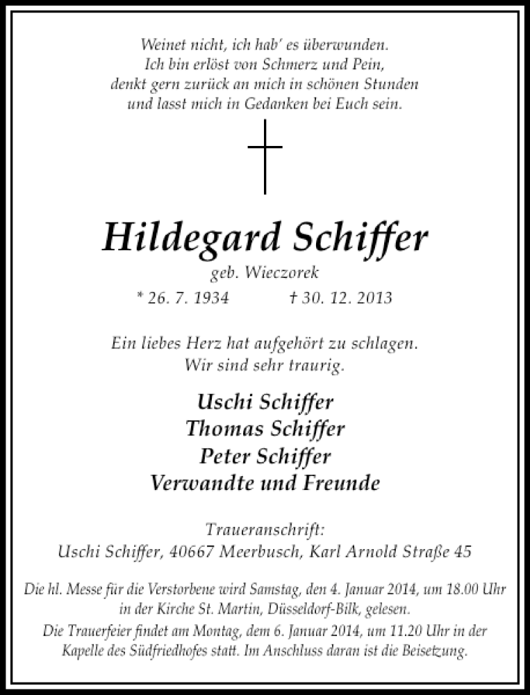  Traueranzeige für Hildegard Schiffer vom 04.01.2014 aus Rheinische Post