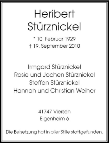 Traueranzeige von Heribert Stürznickel von Rheinische Post