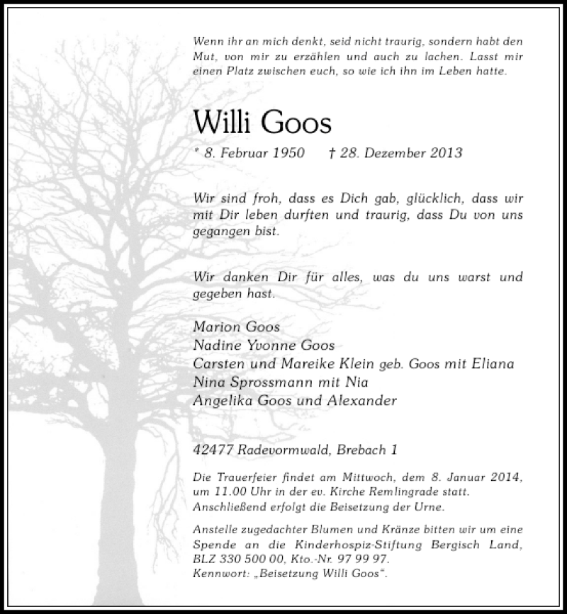  Traueranzeige für Willi Goos vom 04.01.2014 aus Rheinische Post