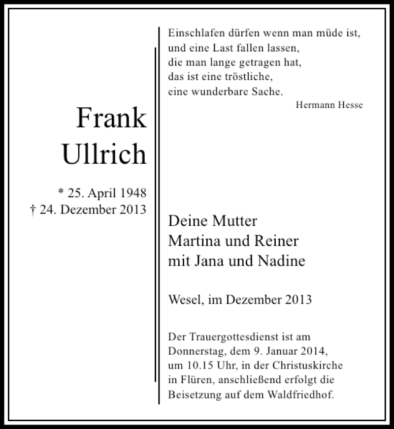  Traueranzeige für Frank Ullrich vom 04.01.2014 aus Rheinische Post