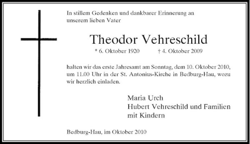  Traueranzeige für Theodor Vehreschild vom 02.10.2010 aus Rheinische Post