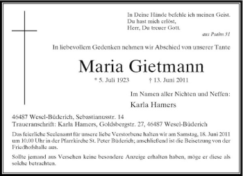 Traueranzeige von Maria Gietmann von Rheinische Post