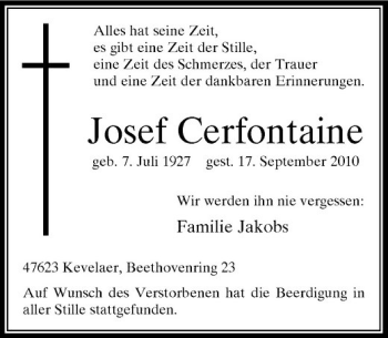 Traueranzeige von Josef Cerfontaine von Rheinische Post