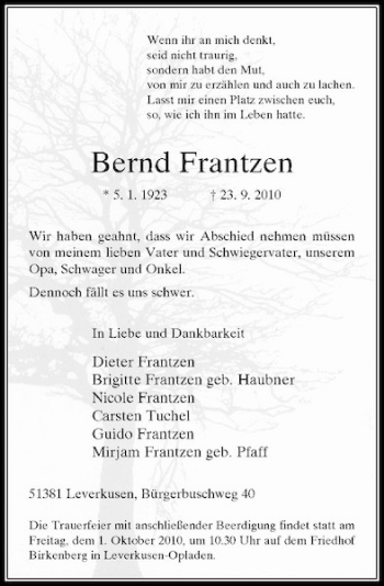 Traueranzeige von Bernd Frantzen von Rheinische Post