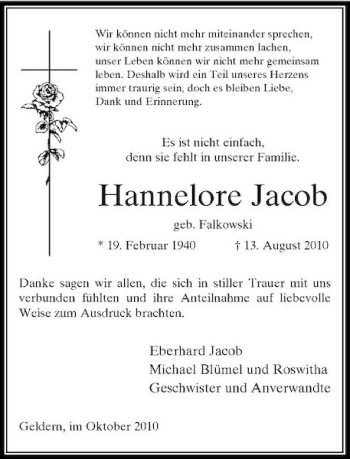 Traueranzeige von Hannelore Jacob von Rheinische Post