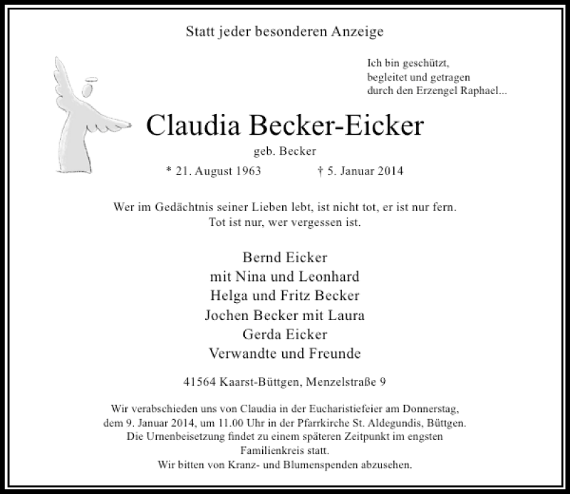  Traueranzeige für Claudia Becker-Eicker vom 07.01.2014 aus Rheinische Post