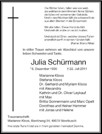 Traueranzeige von Julia Schürmann von Rheinische Post