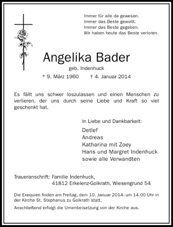 Traueranzeige von Angelika Bader von Rheinische Post