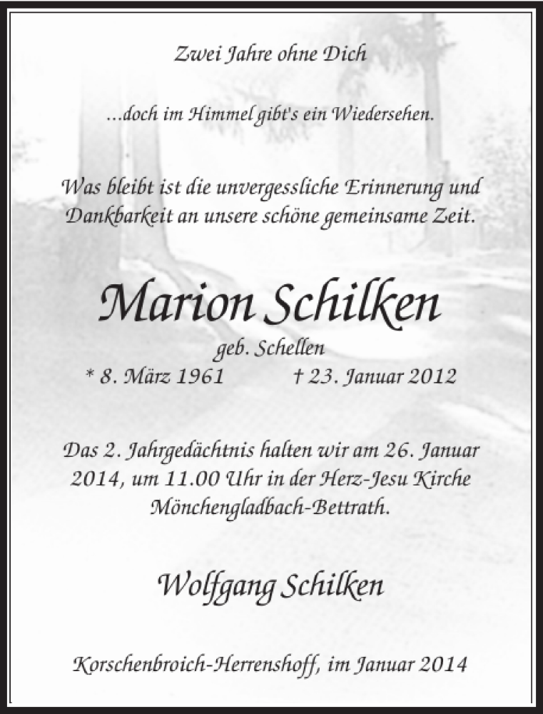  Traueranzeige für Marion Schilken vom 18.01.2014 aus Rheinische Post
