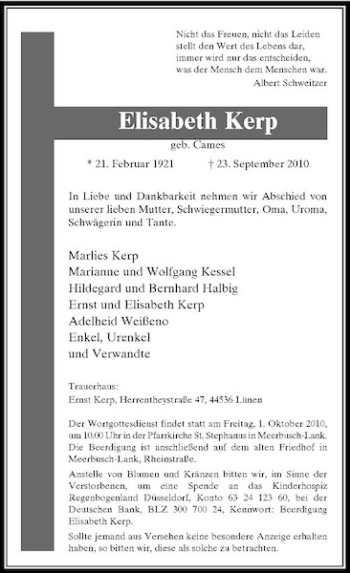 Traueranzeige von Elisabeth Kerp von Rheinische Post
