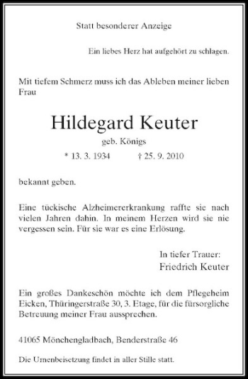 Traueranzeige von Hildegard Keuter von Rheinische Post
