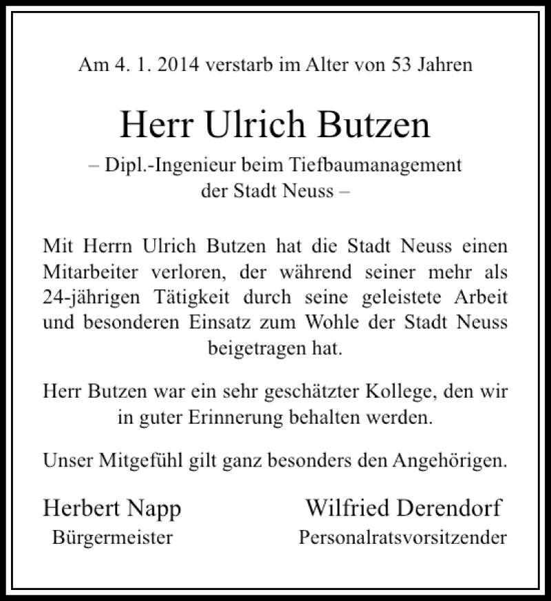  Traueranzeige für Ulrich Butzen vom 08.01.2014 aus Rheinische Post