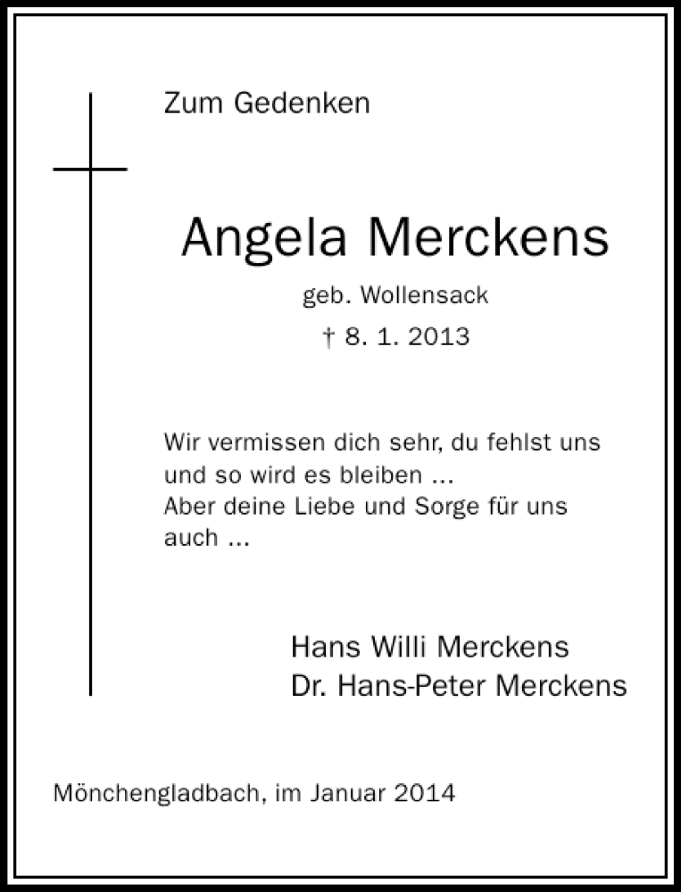  Traueranzeige für Angela Merckens vom 11.01.2014 aus Rheinische Post