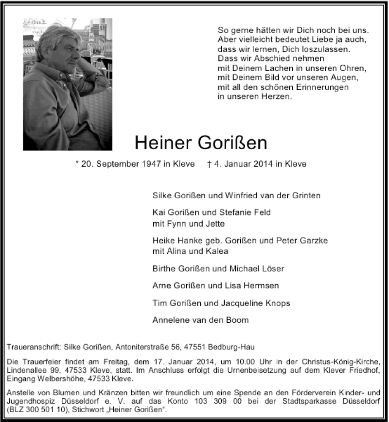  Traueranzeige für Heiner Gorißen vom 11.01.2014 aus Rheinische Post
